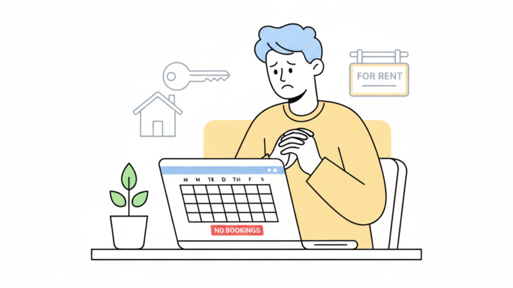 Vacation rental host concerned about booking drop on laptop dashboard