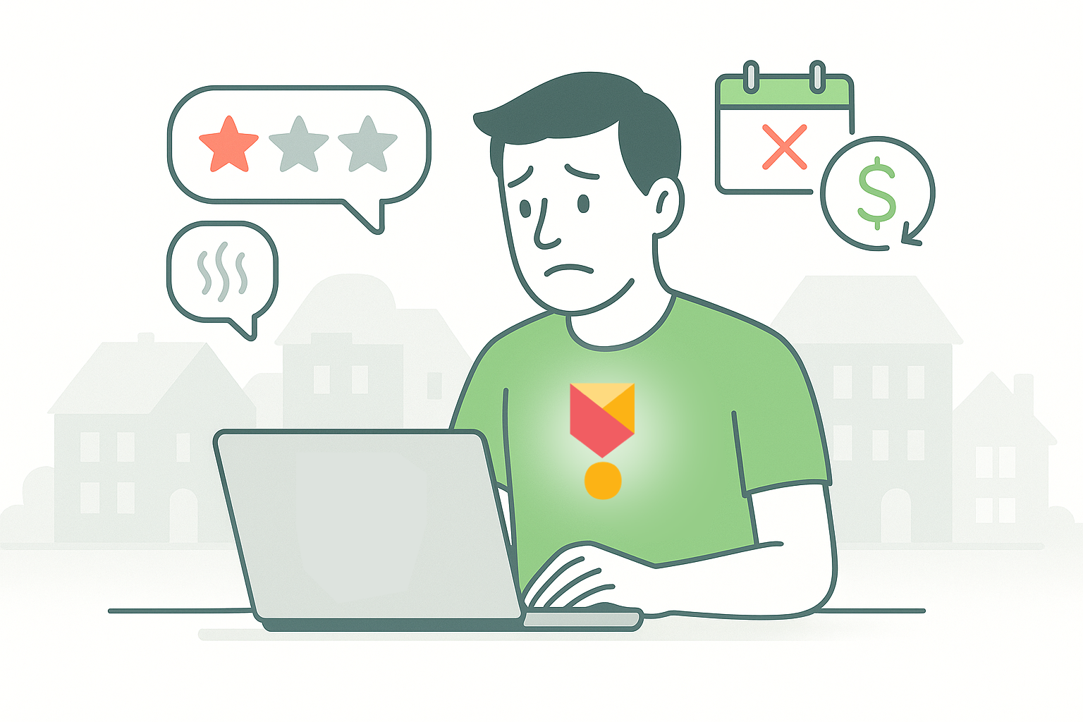 Airbnb host losing Superhost status from guest complaint showing one-star review, smell icon, canceled booking, and refund