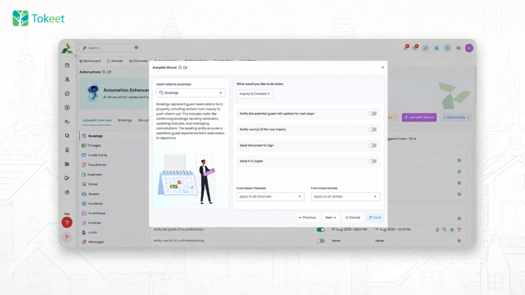 Screenshot of AdvanceCM's Autopilot Wizard automation builder, showing a rule that notifies guests and staff when a new booking inquiry is created.