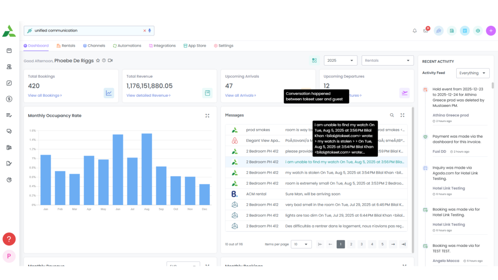 Vacation rental software dashboard displaying synchronized multi-channel bookings