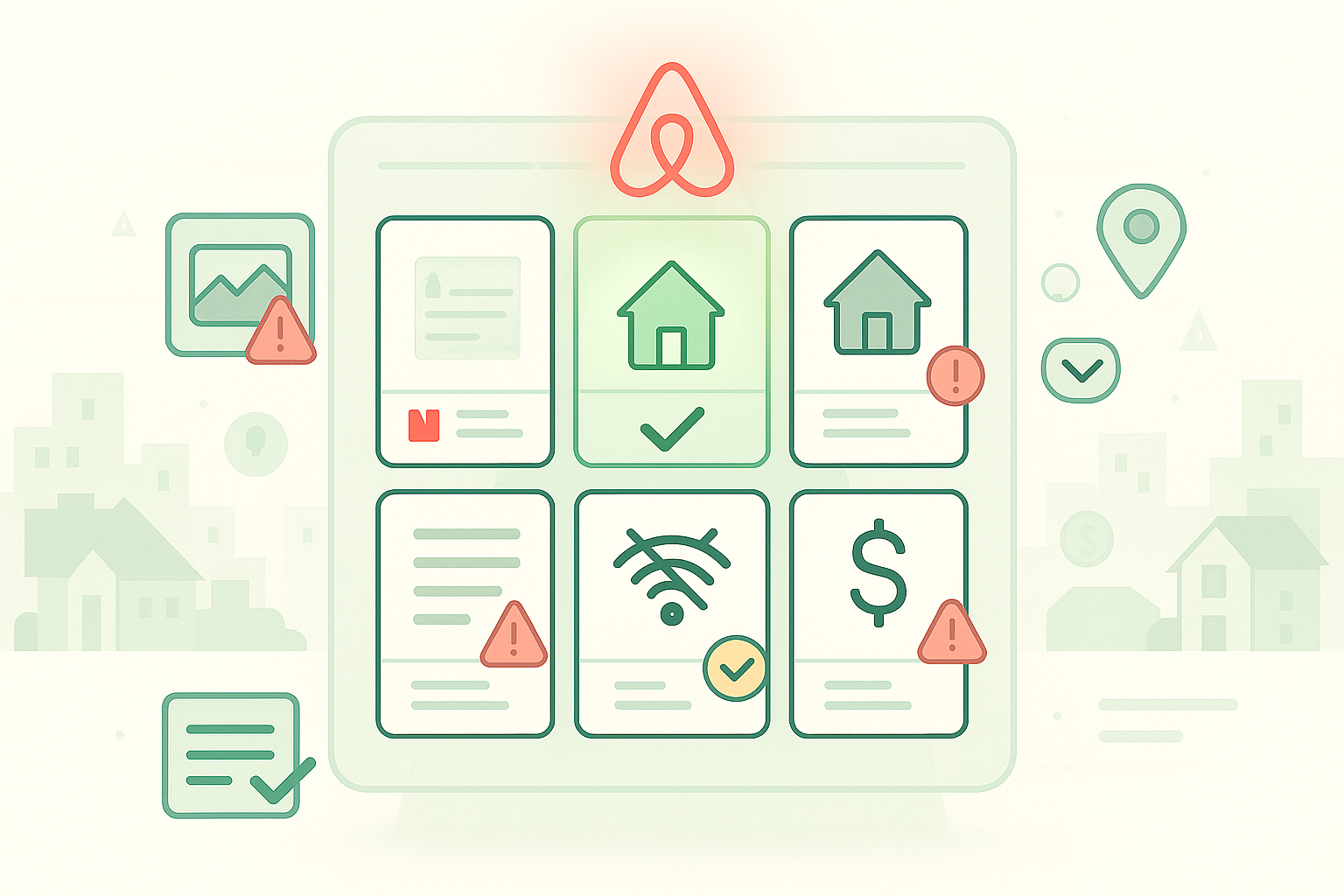 A flat illustration of a digital dashboard with an Airbnb logo at the top. The dashboard shows 5 5 Airbnb Listing Mistakes That Kill Your Bookings.