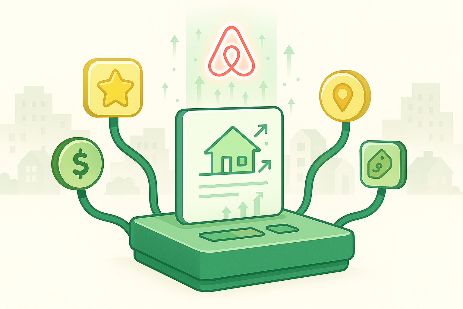 Airbnb search ranking factors including star reviews, pricing, location, and property listing performance with upward growth arrows