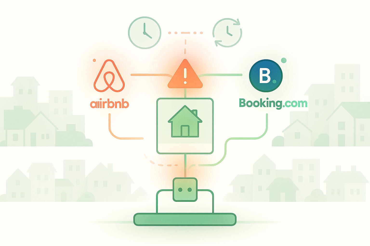 Diagram showing double booking risk between Airbnb and Booking.com platforms with warning symbol, illustrating calendar sync delays that cause vacation rental hosts to receive overlapping reservations for the same property