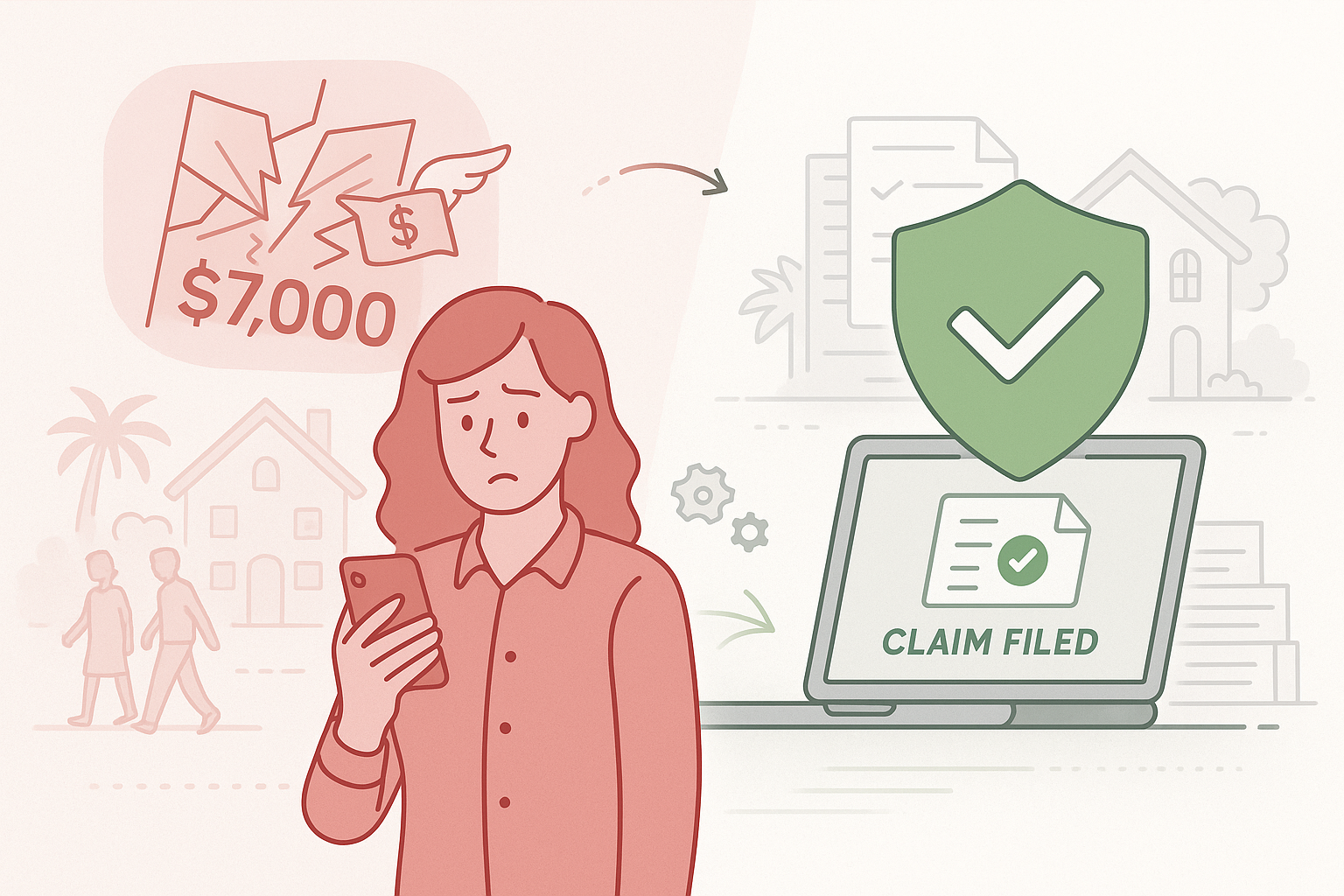 Property manager looking worried at phone with $7000 broken stained glass door damage in thought bubble while guest accountability claim is filed through insurance on laptop with protective shield icon