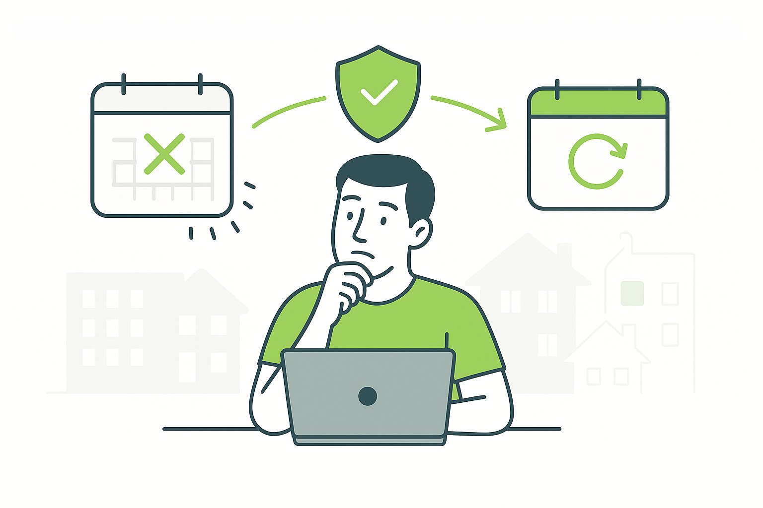 Property manager reviewing guest rebooking after cancellation with calendar showing canceled dates and protection shield icon