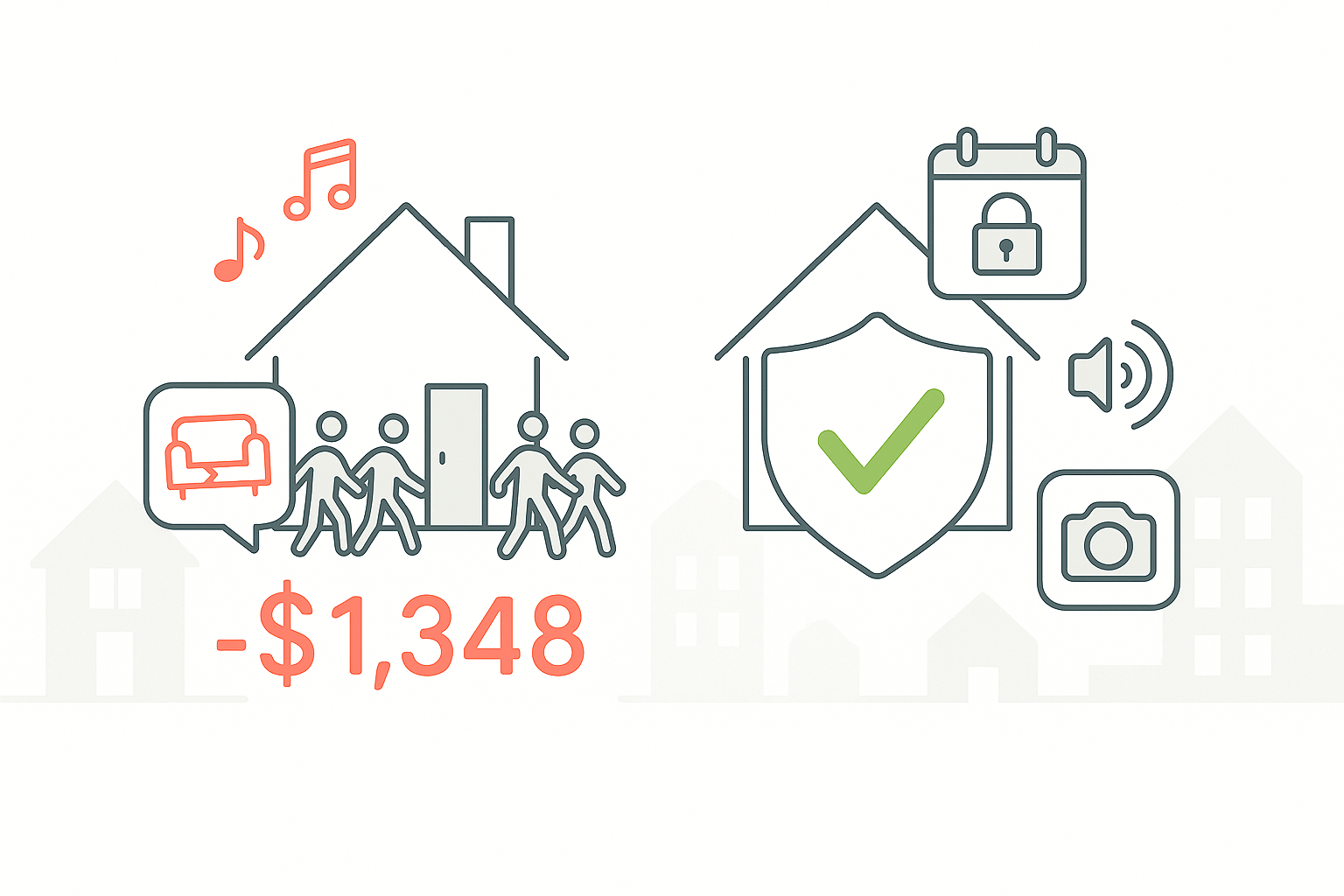 Party prevention comparison showing unauthorized party with $1,348 in damages versus protected vacation rental with security systems