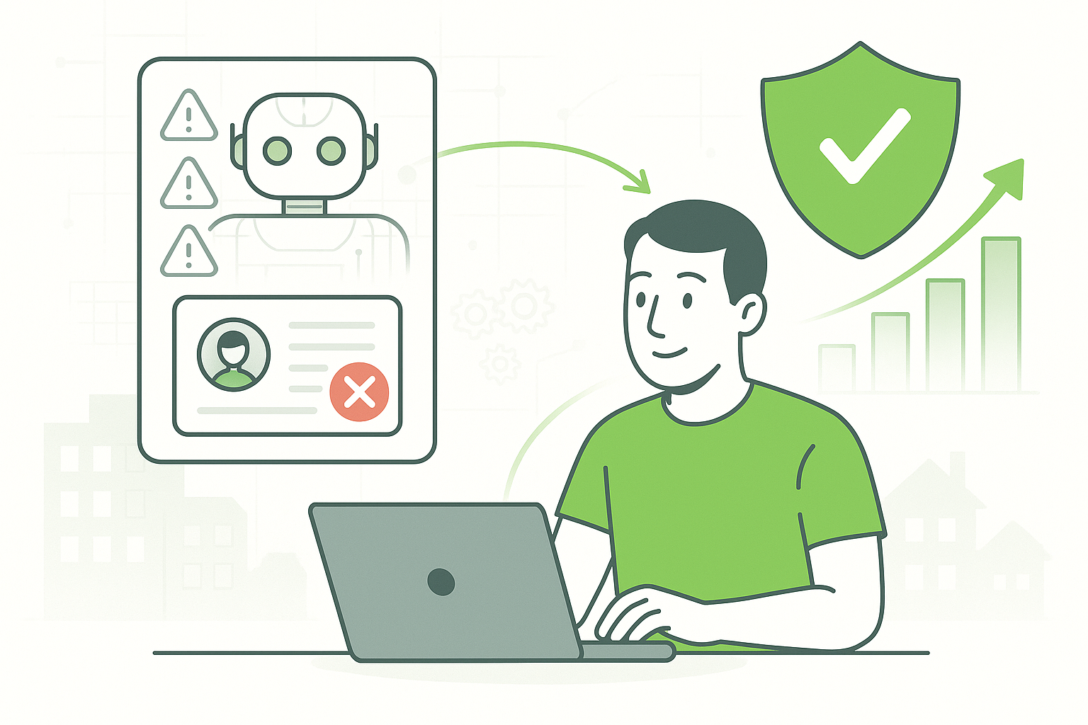 Property manager using laptop to avoid host penalties through automated systems showing protection shield and upward revenue growth