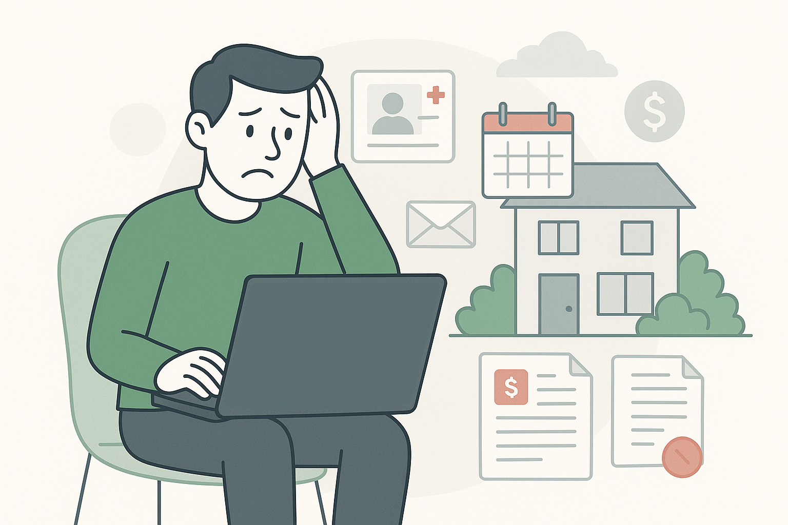 Vacation rental host looking concerned while reviewing last-minute guest cancellation on laptop