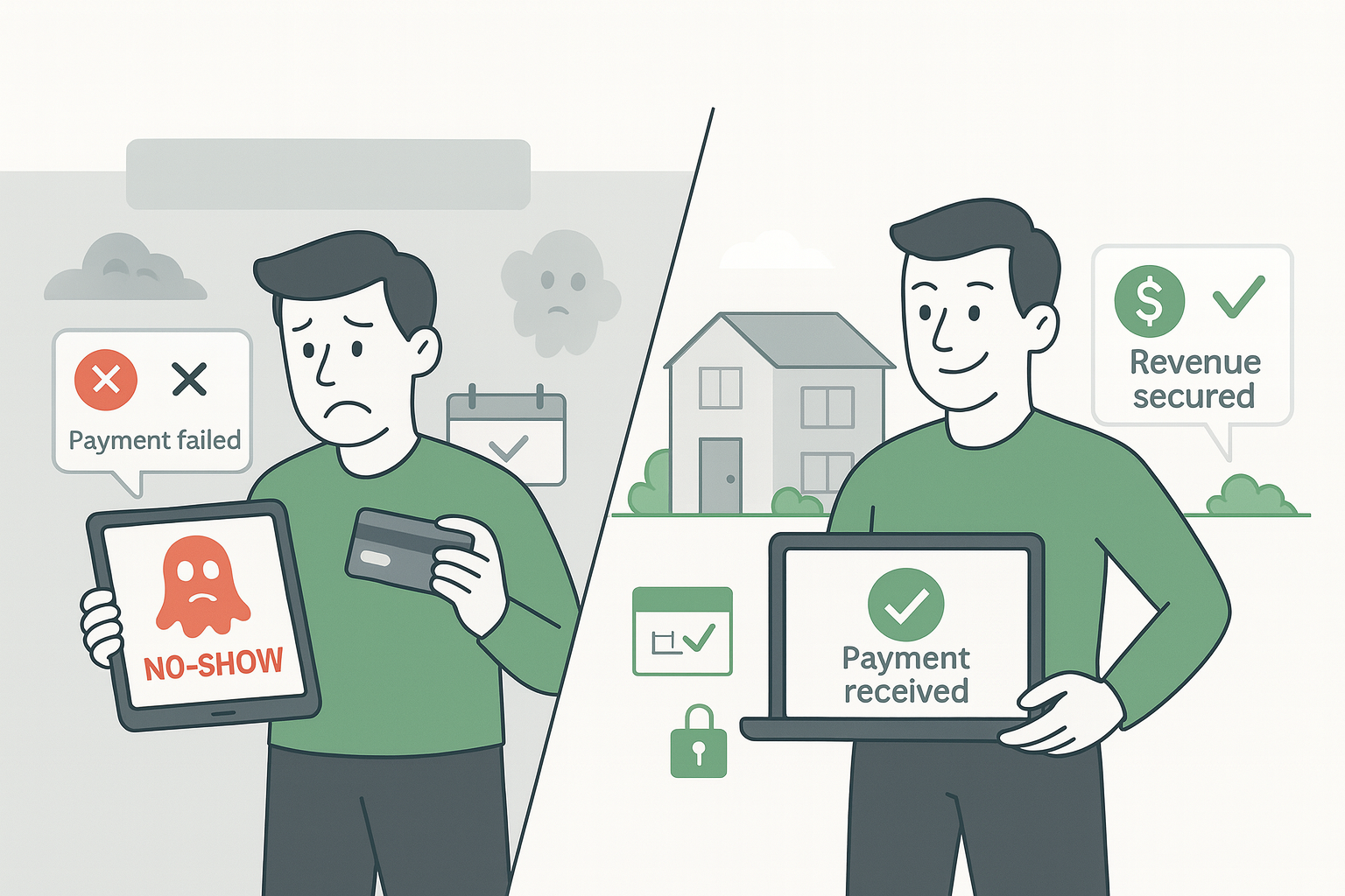 Pay on arrival vs pre-payment comparison showing frustrated host with no-show notification and payment failure on left, versus confident host with payment received confirmation and secured revenue on right