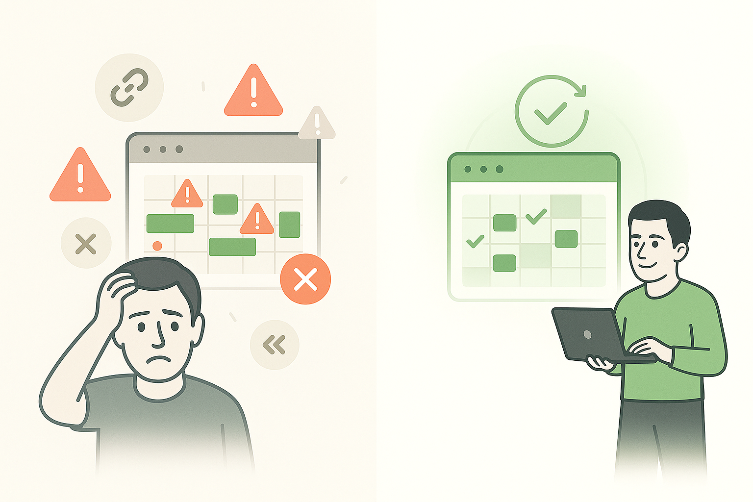Host experiencing rental calendar problems with error messages versus host successfully managing vacation rental bookings with unified calendar system