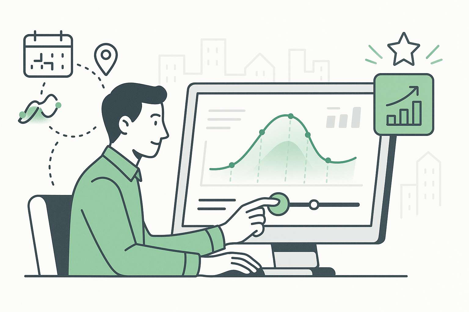 Property manager analyzing dynamic pricing bell curve on computer screen with calendar, location, and revenue growth icons representing data-driven vacation rental rate optimization
