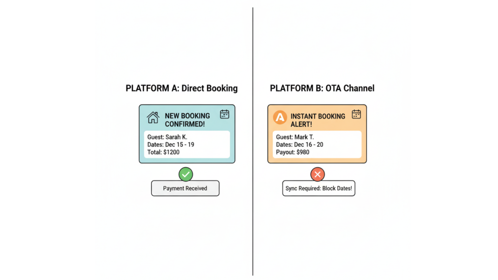 Double booking notifications from Airbnb and Booking.com arriving 20 minutes apart