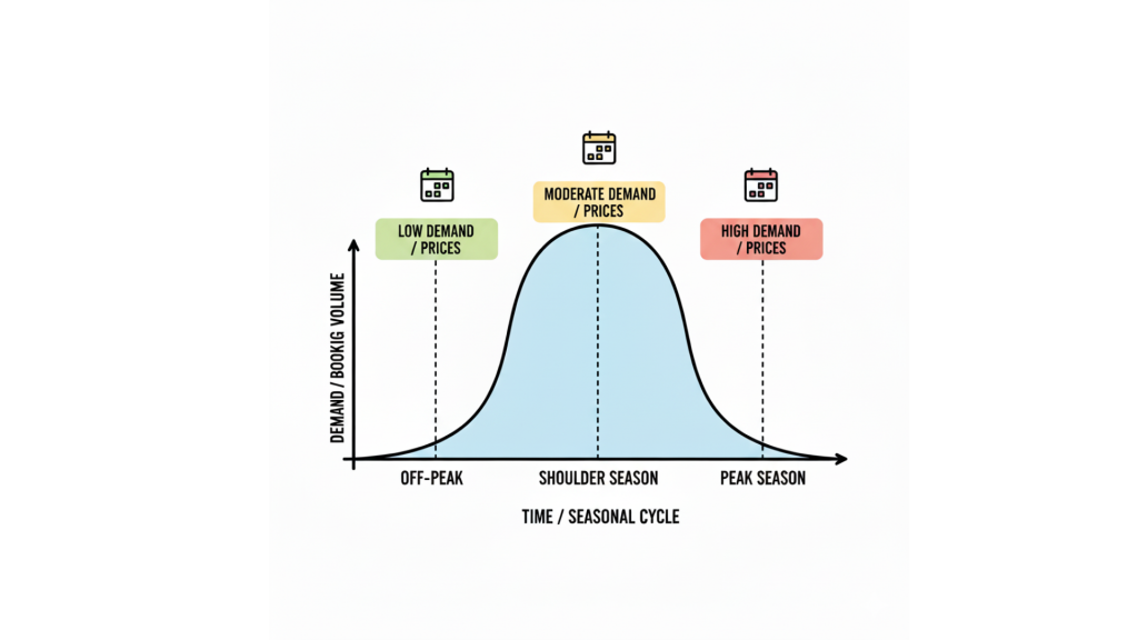 Dynamic pricing bell curve showing vacation rental booking demand over time with optimal pricing strategies for early bookings, peak demand, and last-minute discounts