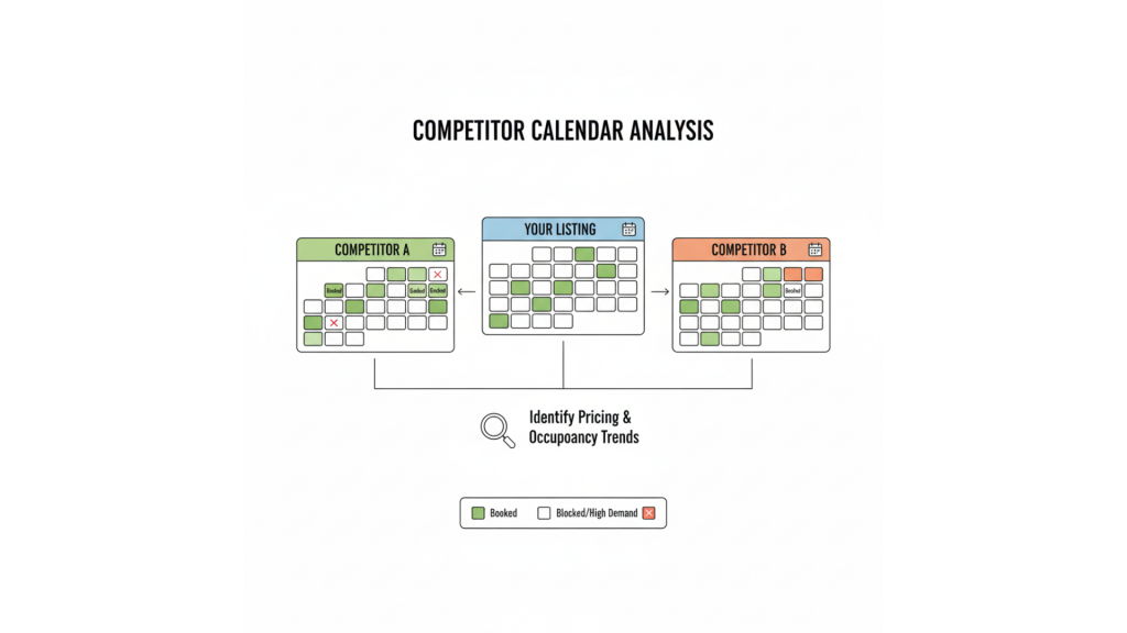 Competitor dynamic pricing calendar analysis showing how to identify pricing opportunities, overpriced dates, and optimal rate adjustment strategies