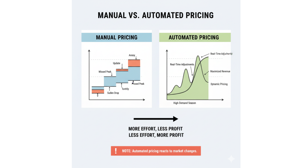 Manual vs automated dynamic pricing comparison showing time savings, revenue optimization, and efficiency benefits of AI-powered rate management tools