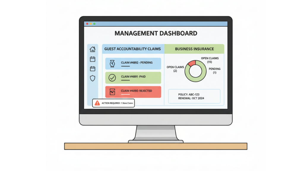 Property management software dashboard tracking guest accountability and business insurance claims