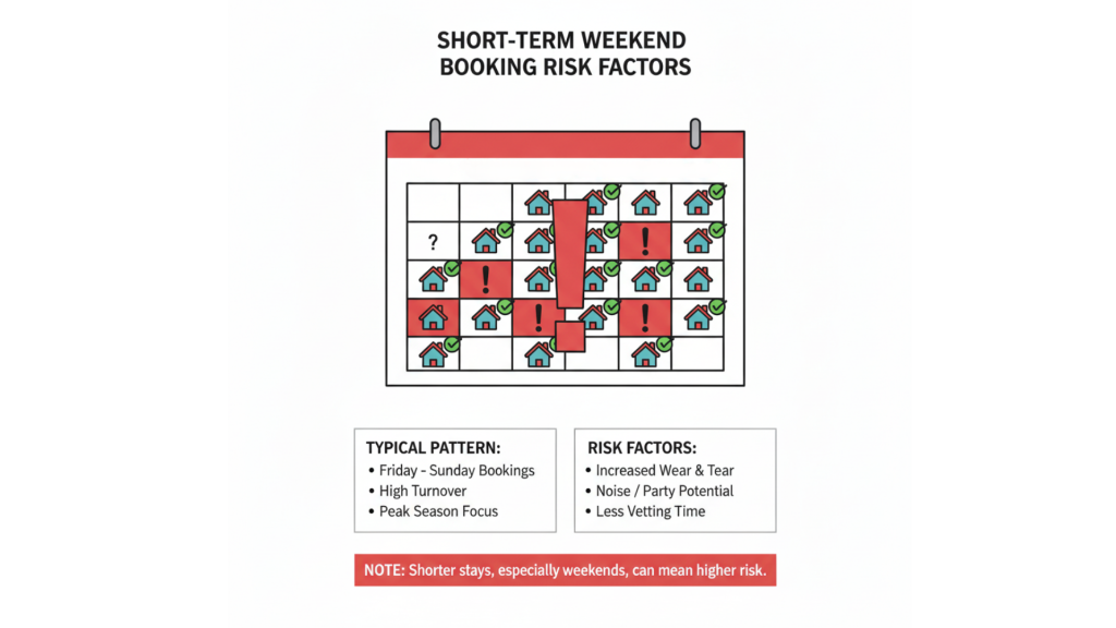 "short-term weekend booking risk factors"—a calendar showing weekend booking pattern