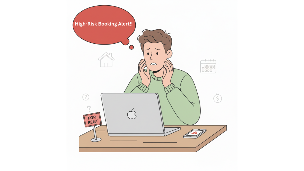 "vacation rental host checking high-risk bookings "alert"—Host reviewing booking notification on laptop