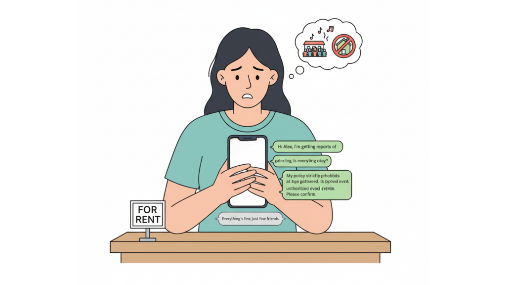 host communicating with guest about unauthorized events"—host messaging guest on smartphone