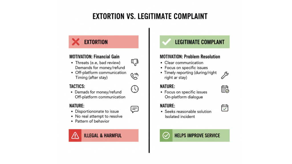 Airbnb extortion policy comparison showing threatening review versus reporting complaint