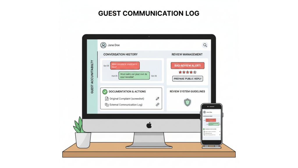 Property management system showing guest communication documentation for responding to bad reviews