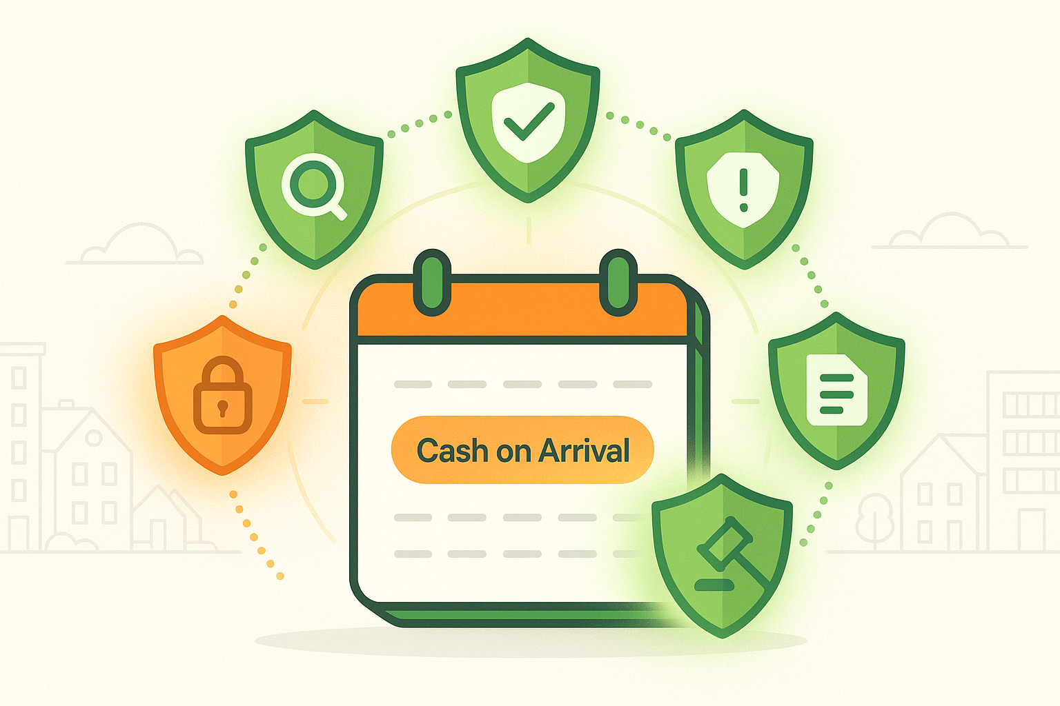 Calendar icon displaying "Cash on Arrival" surrounded by six shields with various security icons (magnifying glass for search, checkmark for verification, exclamation point for alert, document for policy, gavel for legal, lock for security).