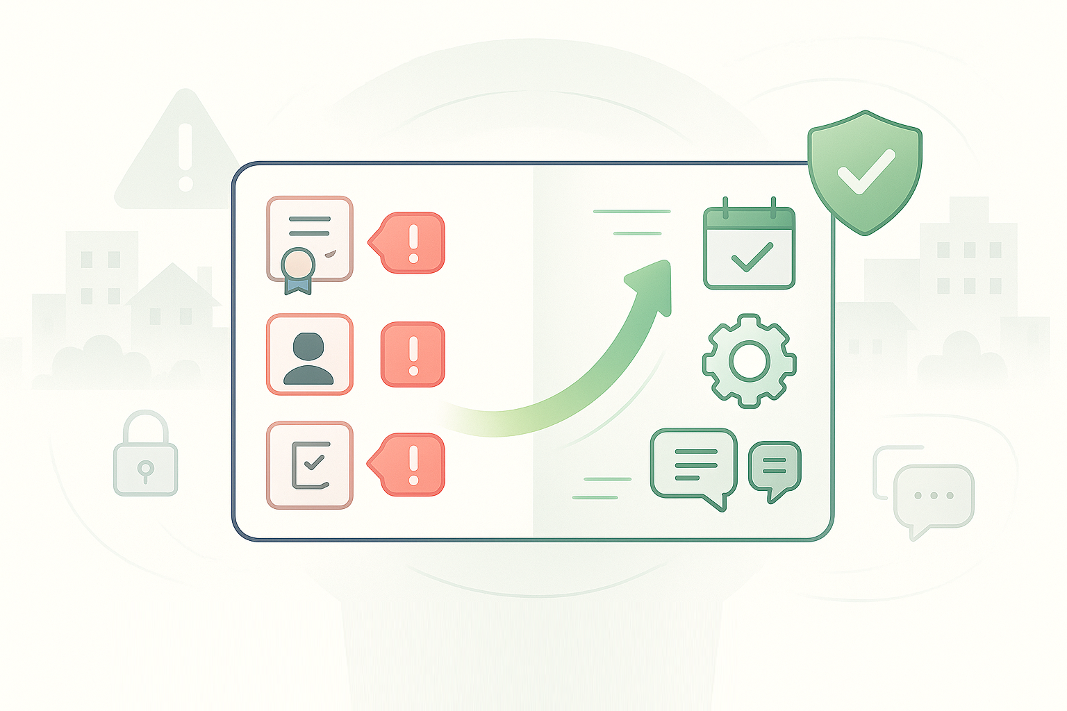 Illustration of vacation rental mistakes to avoid, showing a property management dashboard turning error alerts into green checkmarks through automation and better guest communication