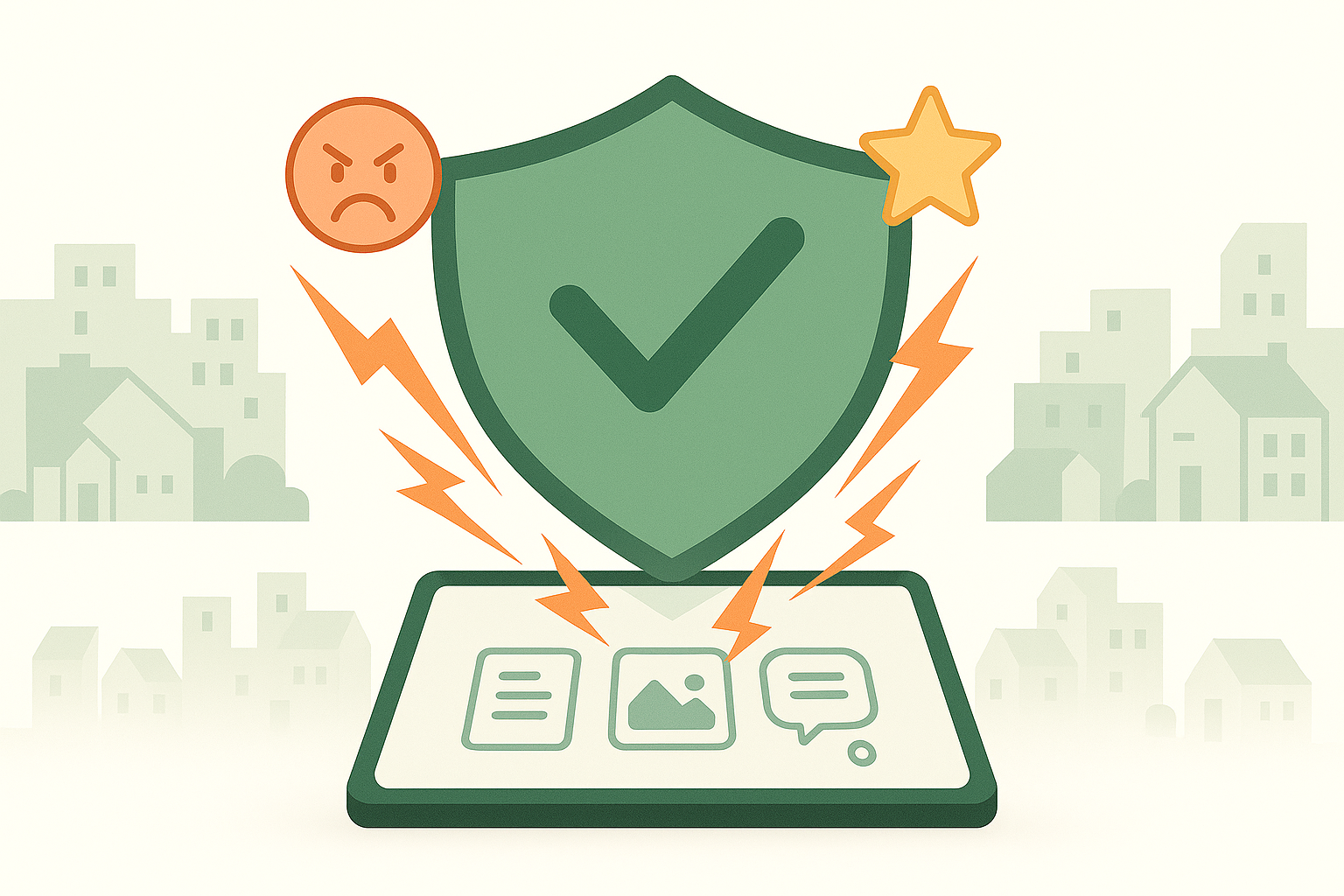Illustration showing a shield with a checkmark protecting a laptop from angry reactions, representing strategies to handle bad guest reviews and maintain a strong online reputation for rental businesses.