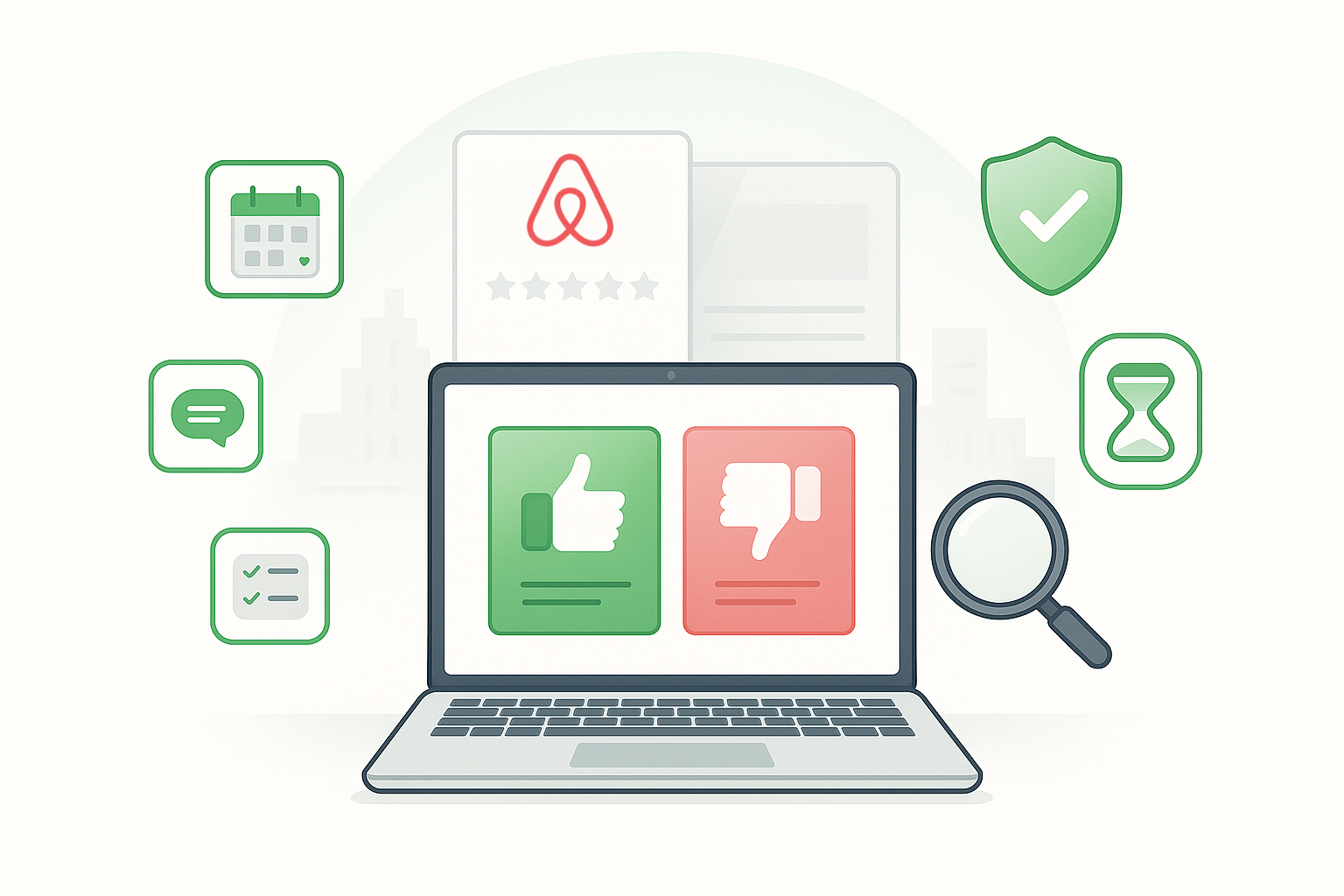 Illustration of an airbnb guest review strategy showing a laptop with thumbs-up and thumbs-down buttons on screen, surrounded by icons for calendar, checklist, chat, shield, hourglass, and magnifying glass to represent timing, safety, and evaluation of guest reviews.