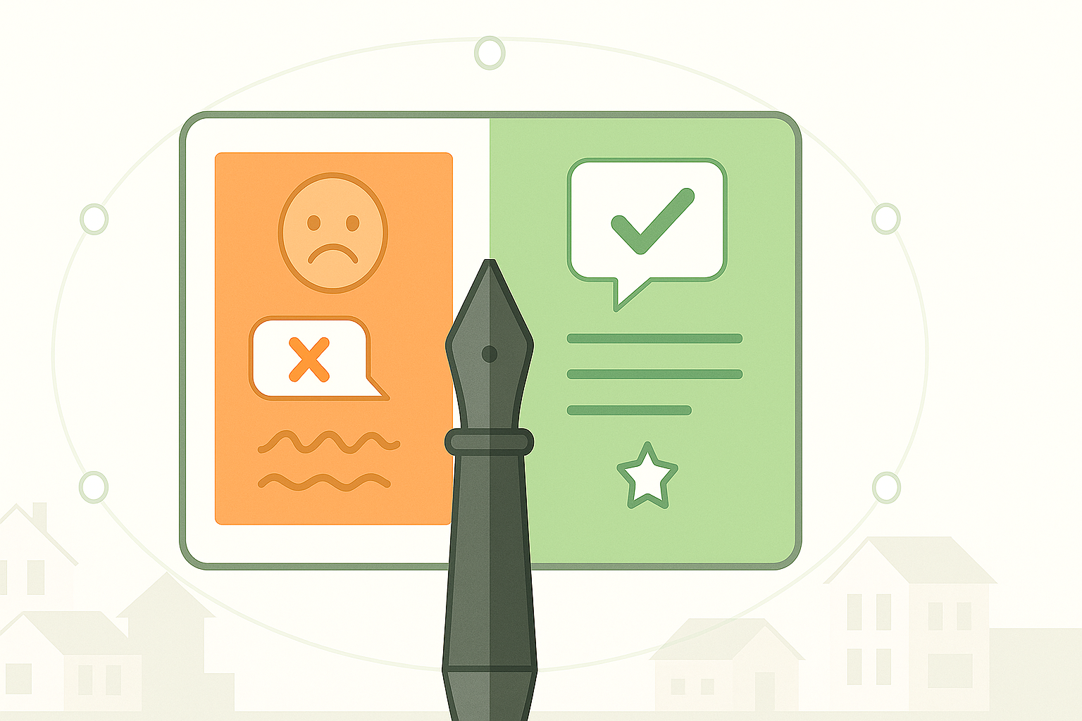 "Illustration contrasting emotional versus factual guest review writing with pen in center, showing bad review example on left (sad face, X mark) and good review example on right (checkmark, text lines, star)