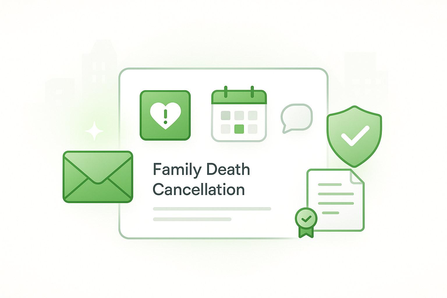 Illustration showing icons for email, calendar, message, and policy shield representing how to manage a family death cancellation in vacation rentals.