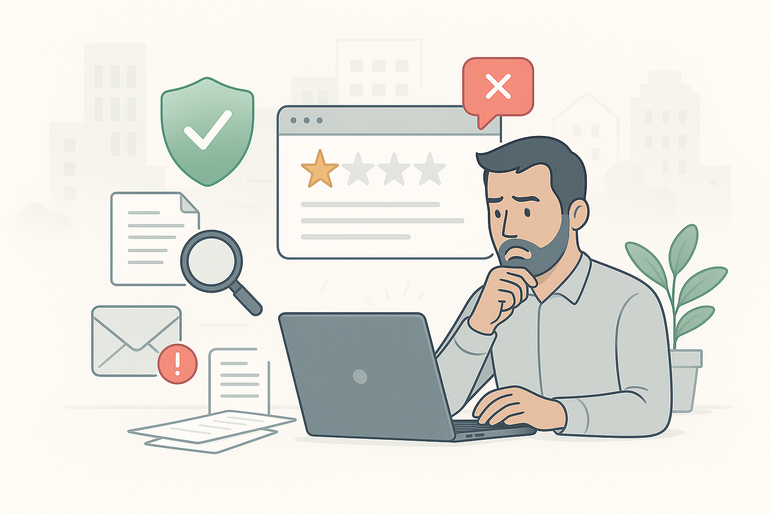 Illustration of a concerned host reviewing a 1-star rating on a laptop while gathering evidence and policy documents, representing how to dispute a false guest review professionally.