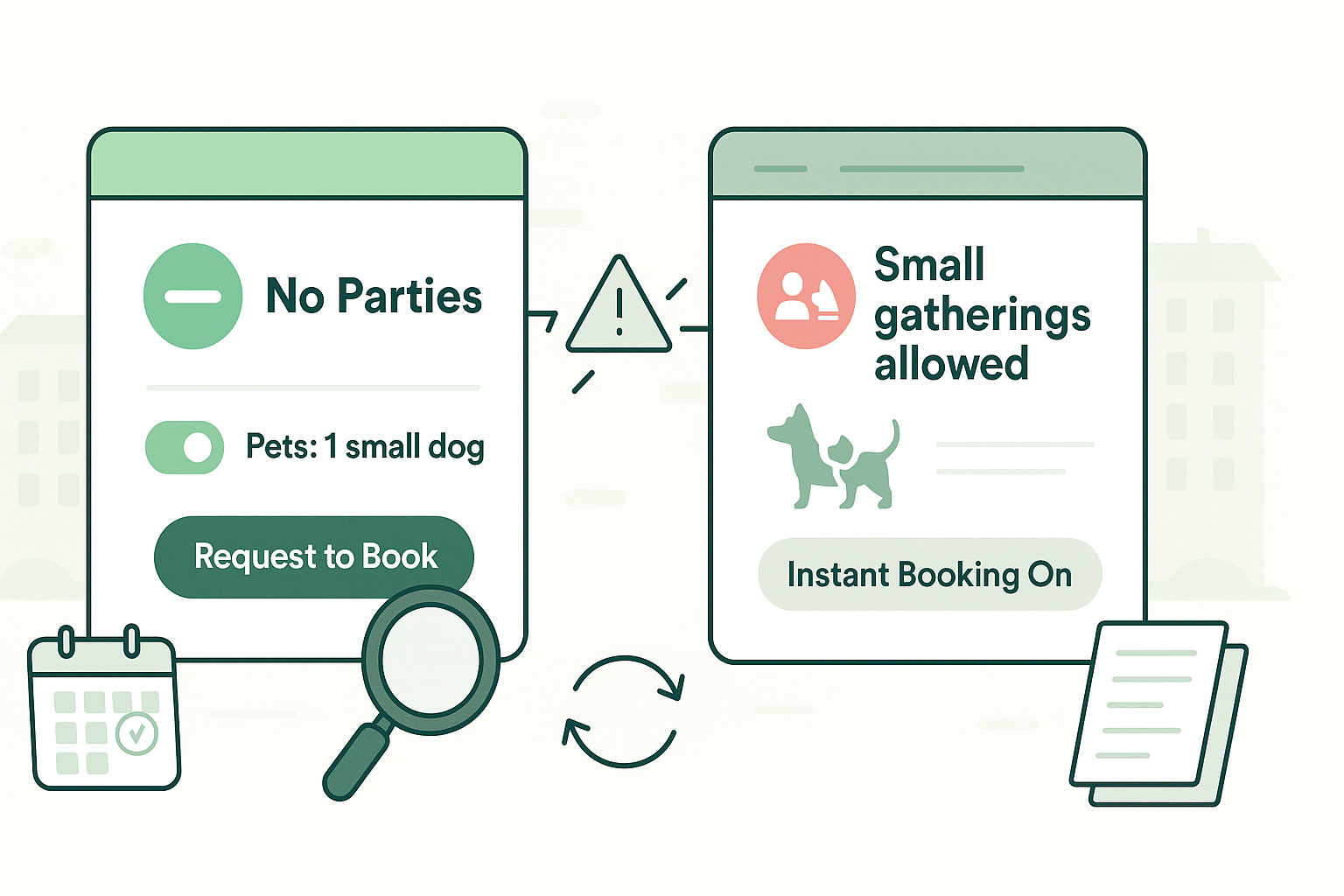 Dashboard showing “No parties,” “Pets: 1 small dog,” and “Request to book” on one side and a live listing showing “Small gatherings allowed,” two dogs, and “Instant booking on” on the other, illustrating a rental rules mismatch between host settings and public listing.