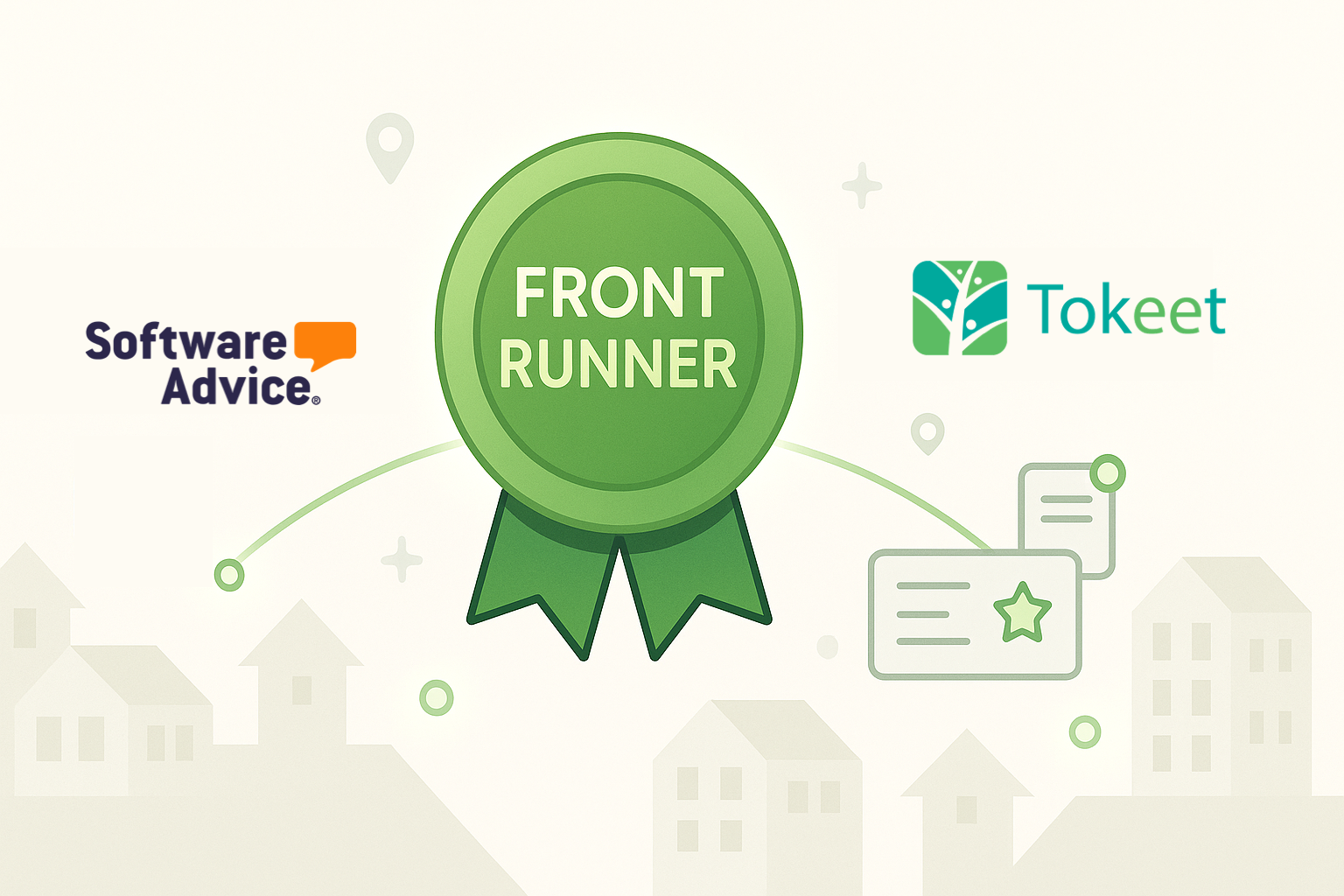 Tokeet named 2025 FrontRunner in Vacation Rental Software by Software Advice - green badge award with Software Advice and Tokeet logos