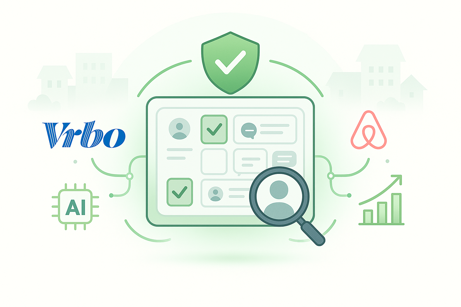 Illustration showing vacation rental guest screening with a digital dashboard, verified guest profiles, AI tools, and symbols representing Vrbo and Airbnb platforms