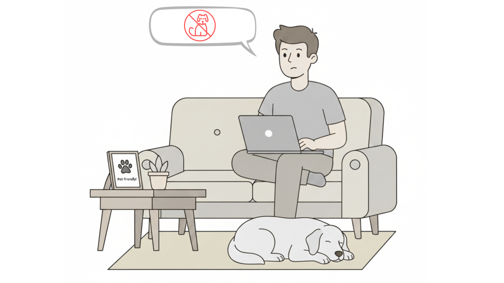 Vacation rental host updating pet policy and fees on a laptop while their dog rests nearby