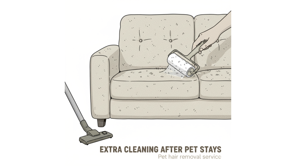 Close-up of dog hair on a rental sofa illustrating extra cleaning after pet stays