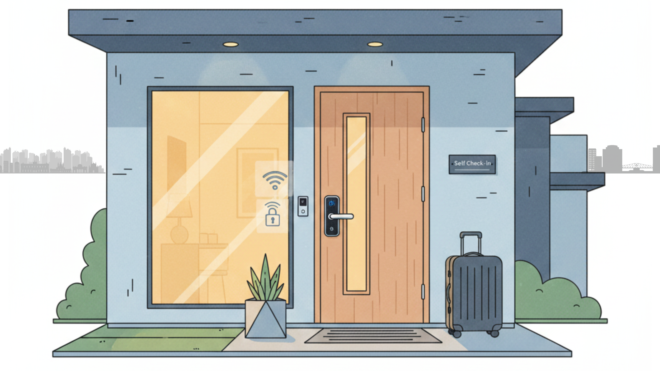 Guest using self check in for vacation rentals with a keypad smart lock at the front door