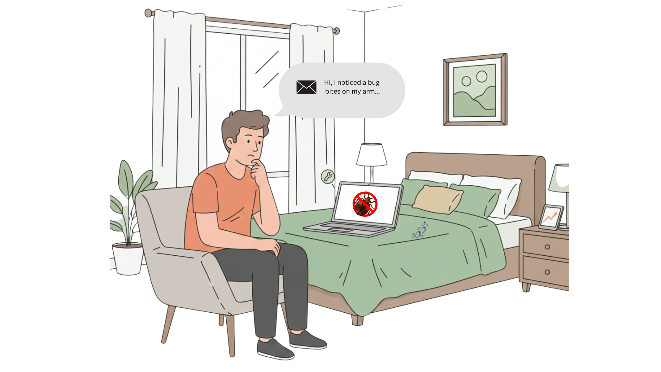 Host reviewing a guest message on how to handle bed bug complaints in a vacation rental bedroom