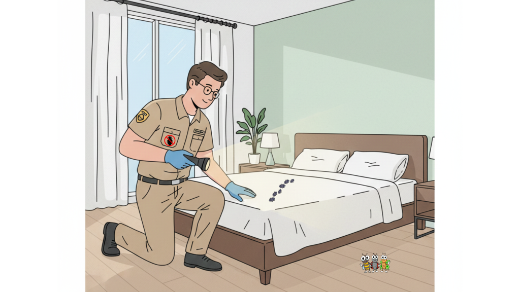 Licensed pest inspector checking a vacation rental bed frame for signs of bed bugs