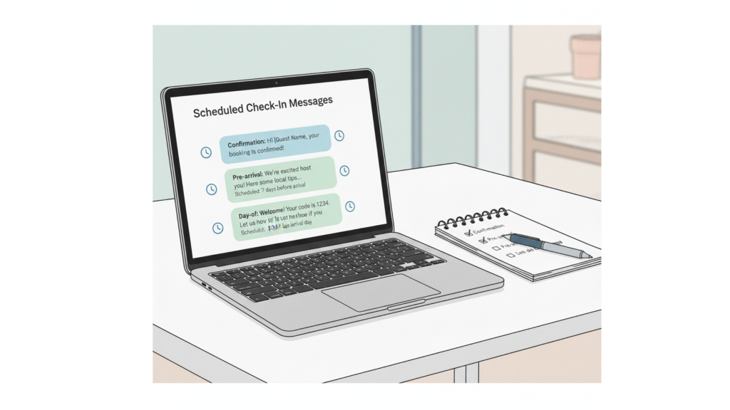 Host reviewing automated check in messages and a checklist for self check in guests