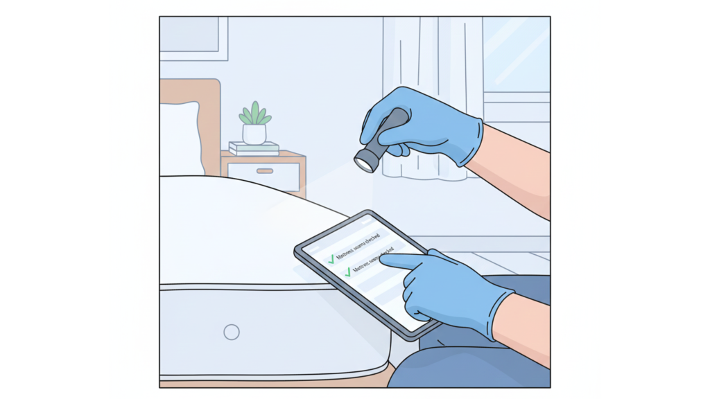 Cleaner inspecting mattress seams with a prevention checklist in a short-term rental