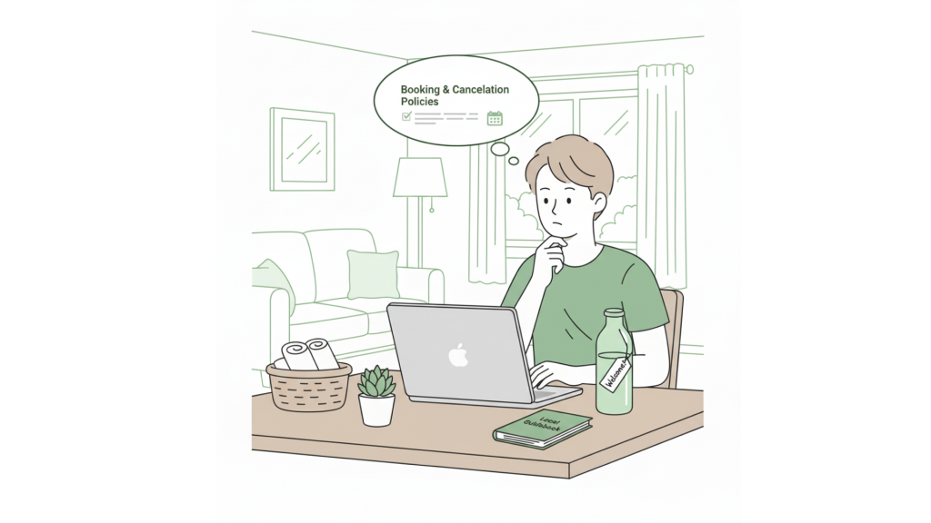 New vacation rental host reviewing non-refundable booking policies and guest check-in details on a laptop.
