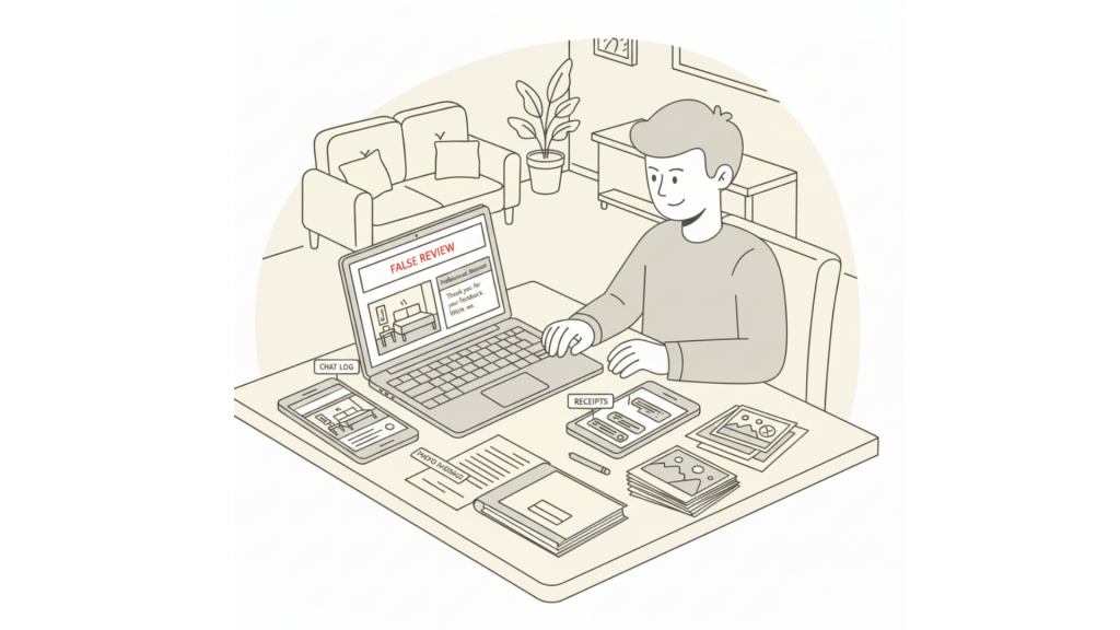Example of a host writing a professional response to a false review on a laptop