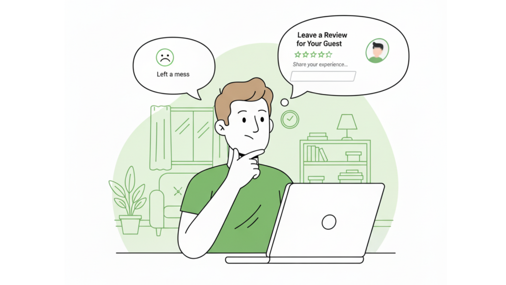 Host looking at a guest review screen, weighing how to leave an honest review without risking a bad rating