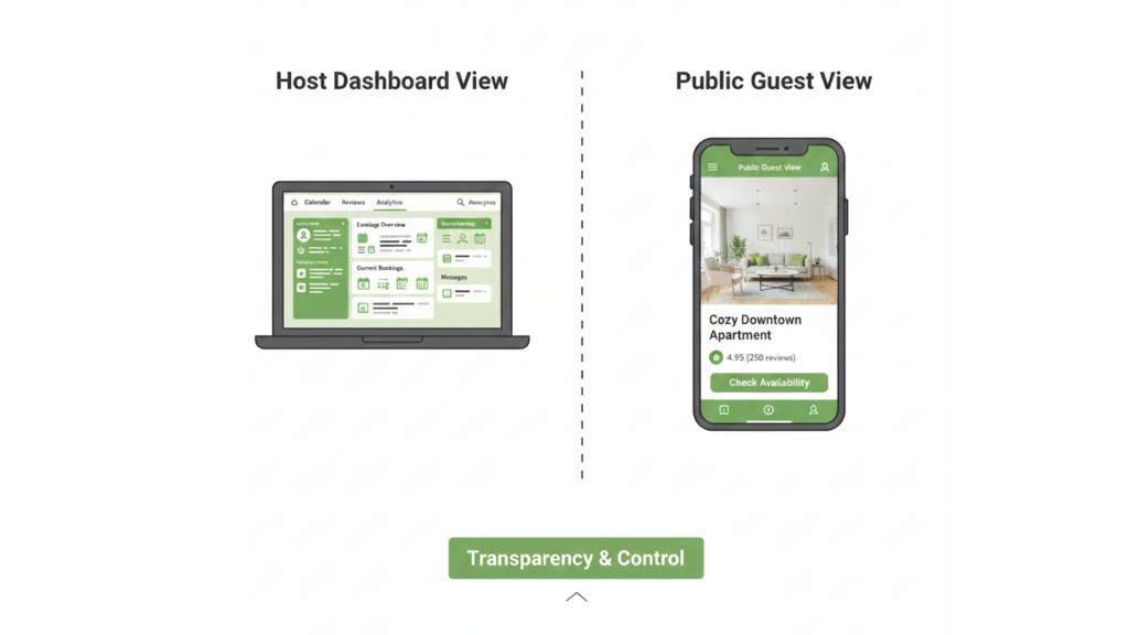 Host dashboard showing “No parties allowed” next to a public listing page that says “Small gatherings allowed.”