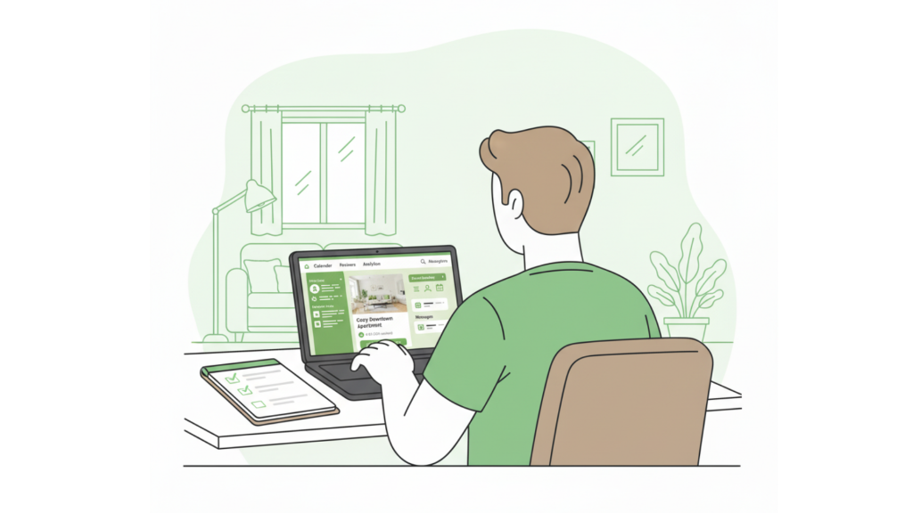Vacation rental hosts view their property listing on a laptop and phone side by side to confirm house rules are displayed correctly