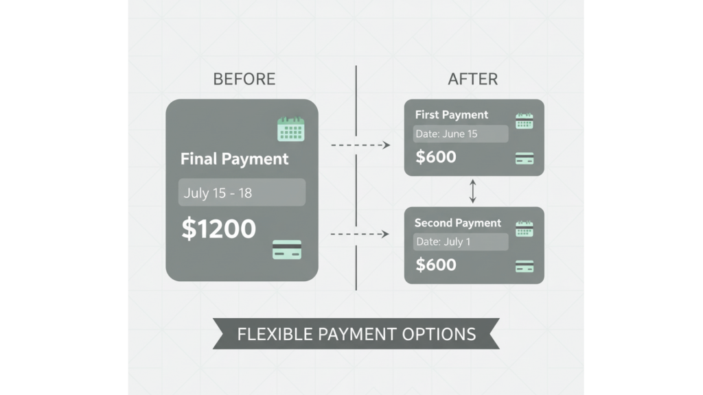 Before and after graphic showing a single final payment split into two installment payments