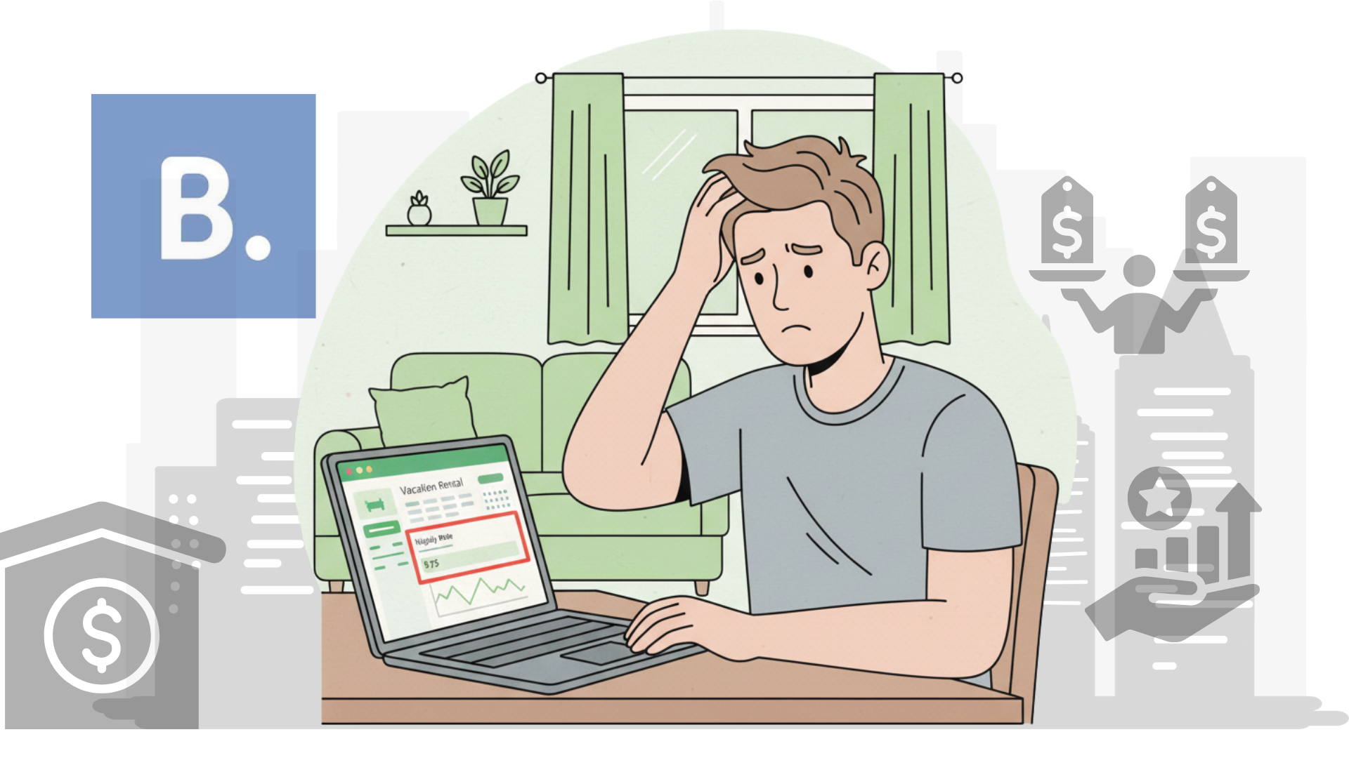 Vacation rental host looking worried at a laptop showing an unexpectedly low nightly rate.