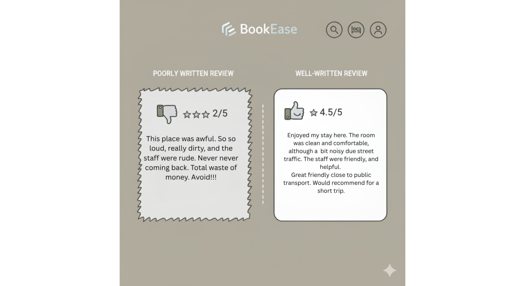 Guest review examples showing emotional versus factual review writing for vacation rental hosts